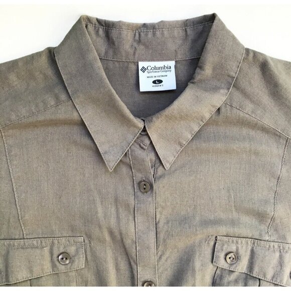 Columbia Casual Button Up Shirt Women's Large Gray Linen Roll Tab Sleeve Pockets - Picture 4 of 9